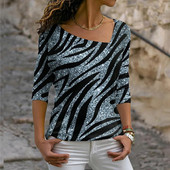 2022 m. Moteriški marškinėliai „Zebra“ laisvalaikio piešimas savaitgaliui marškinėliai su ilgomis rankovėmis spausdinti V kaklu, žalias violetinis sidabras / 3D spausdinimas