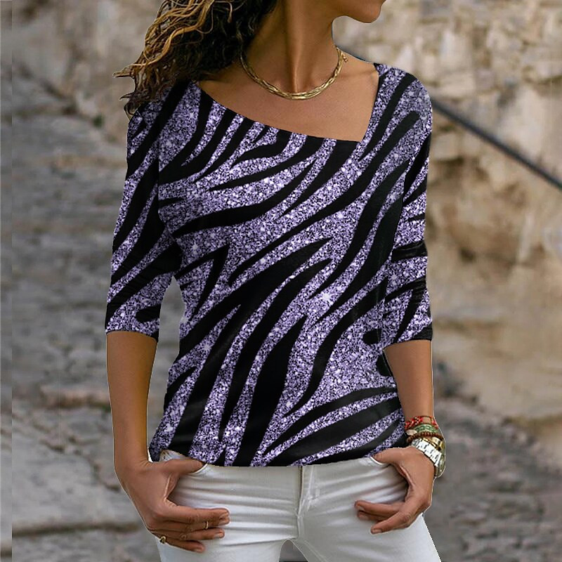 2022 m. Moteriški marškinėliai „Zebra“ laisvalaikio piešimas savaitgaliui marškinėliai su ilgomis rankovėmis spausdinti V kaklu, žalias violetinis sidabras / 3D spausdinimas