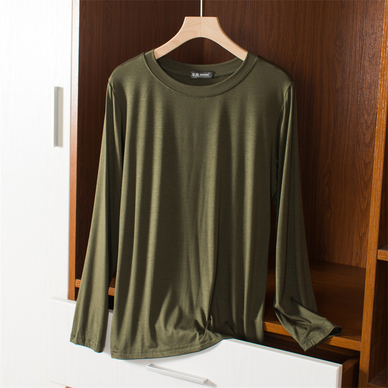 Modaliniai elastingi marškinėliai ilgomis rankovėmis apačia, moteriški 2022 m. laisvalaikio laisvi vienspalviai ploni viršutiniai drabužiai namų marškinėliai Basic marškinėliai