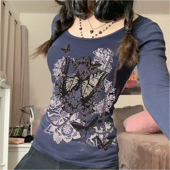 Xingqing Grunge Fairycore Tshirts Butterfly Flower Print Μακρυμάνικα Λεπτά μπλουζάκια Μπλουζάκι Casual Crewnneck Y2K Fashion Harajuku