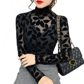 2021 új koreai stílusú, magas nyakú bársonyhálós felsők, hosszú ujjú fekete alsó ing Szexi női póló