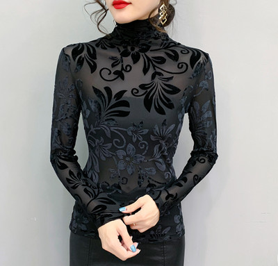 2021 új koreai stílusú, magas nyakú bársonyhálós felsők, hosszú ujjú fekete alsó ing Szexi női póló