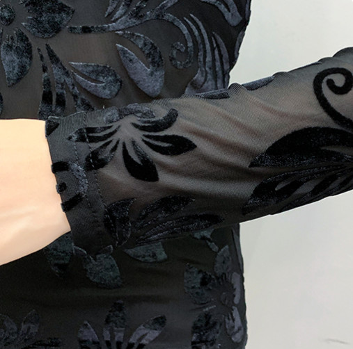 2021 új koreai stílusú, magas nyakú bársonyhálós felsők, hosszú ujjú fekete alsó ing Szexi női póló