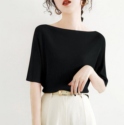 Vékony fél ujjú pólók koreai stílusú női nyári ruhák elegáns fekete felsők egyszínű Laza alkalmi póló