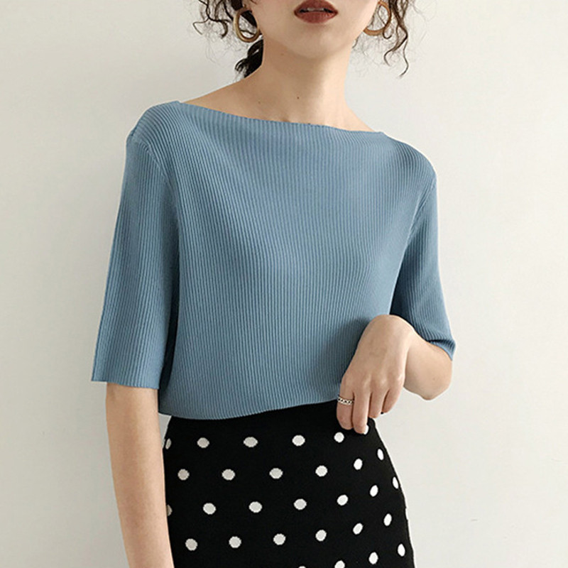 Vékony fél ujjú pólók koreai stílusú női nyári ruhák elegáns fekete felsők egyszínű Laza alkalmi póló