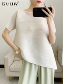 GVUW redőzött, szabálytalan rövid ujjú póló, egyszínű pulóver, laza körgallér, karcsú, 2022-es nyári női ruházat 17D391