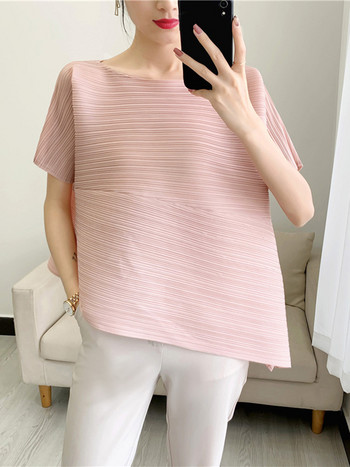 GVUW Πλισέ ακανόνιστο κοντομάνικο μπλουζάκι μονόχρωμο Πουλόβερ χαλαρό στρογγυλό γιακά λεπτή εφαρμογή 2022 καλοκαιρινό γυναικείο ρούχα 17D391