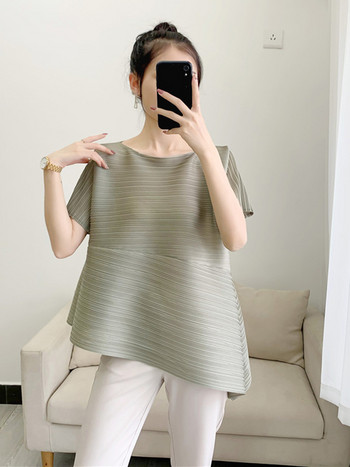 GVUW Πλισέ ακανόνιστο κοντομάνικο μπλουζάκι μονόχρωμο Πουλόβερ χαλαρό στρογγυλό γιακά λεπτή εφαρμογή 2022 καλοκαιρινό γυναικείο ρούχα 17D391