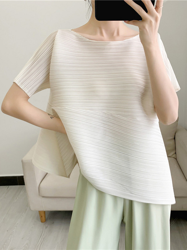 GVUW redőzött, szabálytalan rövid ujjú póló, egyszínű pulóver, laza körgallér, karcsú, 2022-es nyári női ruházat 17D391