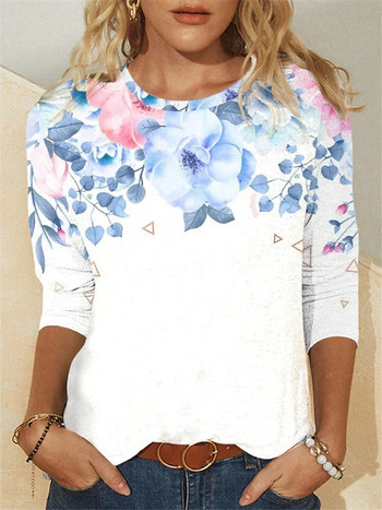 2022 Νέο φθινοπωρινό πουλόβερ με εκτύπωση λουλουδιών Γυναικεία μπλουζάκια Μοδάτα γυναικεία μακρυμάνικα μπλουζάκια casual στρογγυλό γιακά Φαρδύ γυναικείο μπλουζάκι