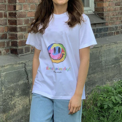 Καλοκαίρι 2021 Στρογγυλή λαιμόκοψη κοντομάνικο μπλουζάκι Loose Rainbow Letter Smiley Γυναικείο T-shirt