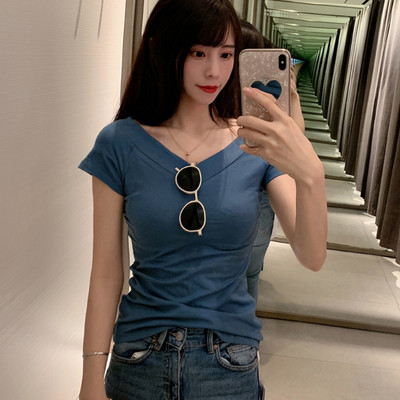 WWENN 2021 m. vasaros marškinėliai, moteriški marškinėliai su aukštu V formos iškirpimu, 5 saldainių spalvos medvilniniai paprasti paprasti marškinėliai, skirti trumpomis rankovėmis, moteriški viršutiniai marškinėliai