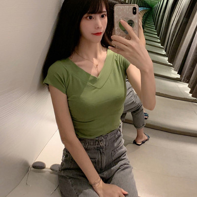 WWENN 2021 m. vasaros marškinėliai, moteriški marškinėliai su aukštu V formos iškirpimu, 5 saldainių spalvos medvilniniai paprasti paprasti marškinėliai, skirti trumpomis rankovėmis, moteriški viršutiniai marškinėliai