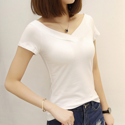 WWENN 2021 m. vasaros marškinėliai, moteriški marškinėliai su aukštu V formos iškirpimu, 5 saldainių spalvos medvilniniai paprasti paprasti marškinėliai, skirti trumpomis rankovėmis, moteriški viršutiniai marškinėliai