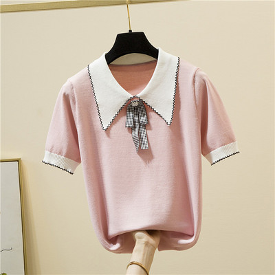 Корейска модна тениска с лък, плетена тениска с отложна яка, дамска лятна тениска с къс ръкав, тениска в сладък стил, дамски дрехи