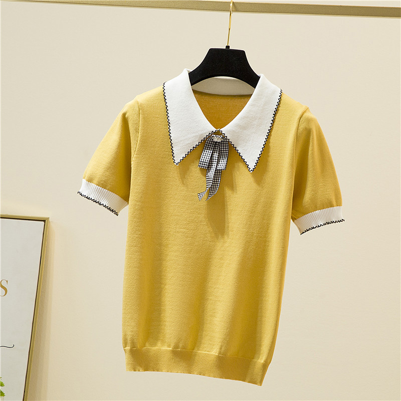 Korejska modna ženska majica s mašnom, pletena majica kratkih rukava s otvorenim ovratnikom, ženska ljetna majica kratkih rukava slatkog stila, ženska odjeća