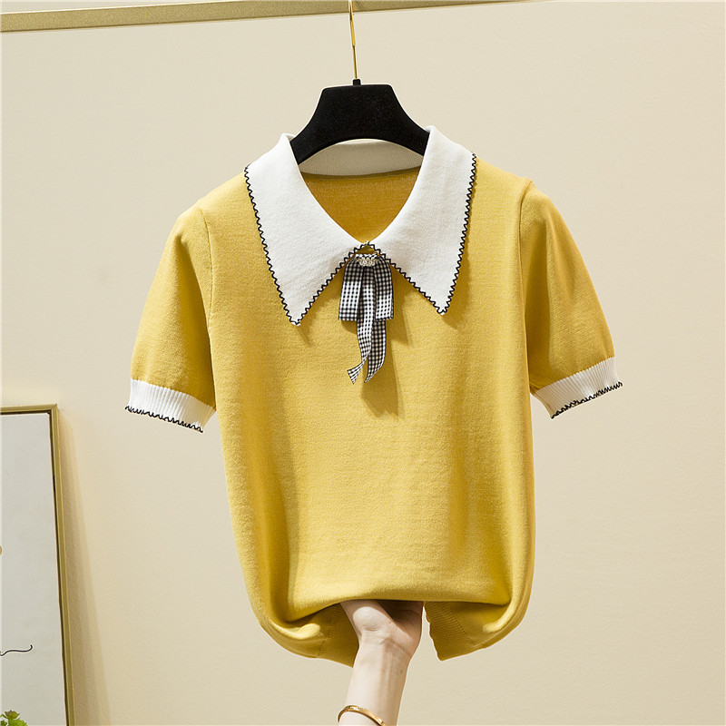 Korejska modna ženska majica s mašnom, pletena majica kratkih rukava s otvorenim ovratnikom, ženska ljetna majica kratkih rukava slatkog stila, ženska odjeća