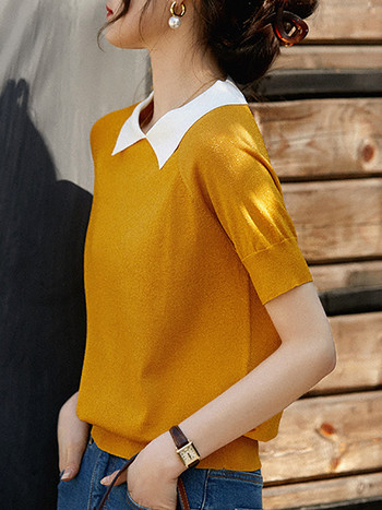 Φωτεινό μεταξωτό πλεκτό μπλουζάκι γυναικείο κοντομάνικο μπλουζάκι γυναικείο καλοκαιρινό μπλουζάκι Κορεάτικη μόδα γυναικεία ρούχα Camisetas De Mujer
