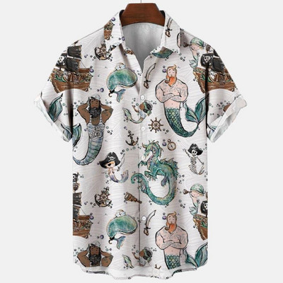 2022 Sirenă Retro Artă 3d Digital Print Model Cămașă pentru bărbați Cămașă retro hawaiană Man Street Top cu mânecă scurtă Cămașă lejeră pentru bărbați
