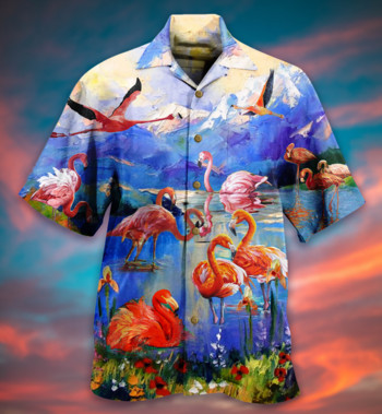 Καλοκαιρινές καυτές εκπτώσεις Χαβάης Ανδρικό πουκάμισο 3d Cartoon Flamingo Ανδρικό πουκάμισο Παραλία Υπερμεγέθη Αστεία Ανδρικά Ρούχα Μόδα Κοντό μανίκι
