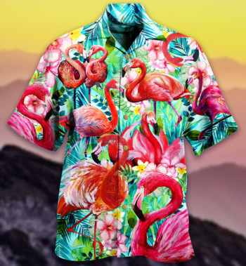 Καλοκαιρινές καυτές εκπτώσεις Χαβάης Ανδρικό πουκάμισο 3d Cartoon Flamingo Ανδρικό πουκάμισο Παραλία Υπερμεγέθη Αστεία Ανδρικά Ρούχα Μόδα Κοντό μανίκι