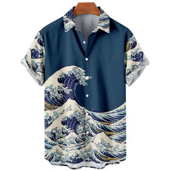 Retro Ocean Wave 3d Printing Ανδρικά πουκάμισα της Χαβάης Casual Fashion Ανδρικά πουκάμισα Καλοκαιρινού Μεγάλου Μεγέθους Κοντά μανίκια Πέτο Φαρδιά μπλουζάκια