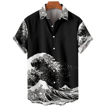 Retro Ocean Wave 3d Printing Ανδρικά πουκάμισα της Χαβάης Casual Fashion Ανδρικά πουκάμισα Καλοκαιρινού Μεγάλου Μεγέθους Κοντά μανίκια Πέτο Φαρδιά μπλουζάκια