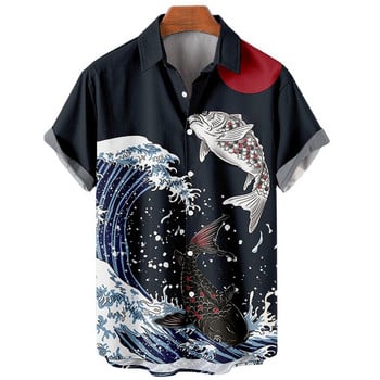 Retro Ocean Wave 3d Printing Ανδρικά πουκάμισα της Χαβάης Casual Fashion Ανδρικά πουκάμισα Καλοκαιρινού Μεγάλου Μεγέθους Κοντά μανίκια Πέτο Φαρδιά μπλουζάκια