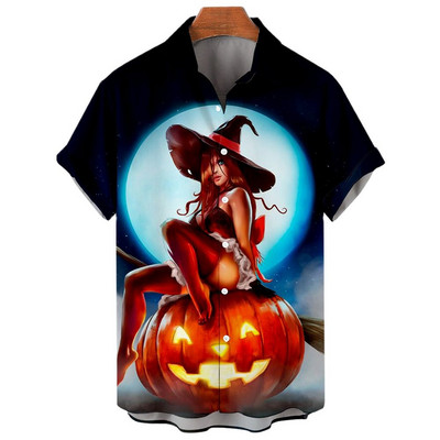 Boszorkány 3D nyomtatással készült hawaii ing Férfi túlméretezett alkalmi Harajuku stílusú hajtóka Halloween ing Férfi ruhák