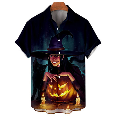 Boszorkány 3D nyomtatással készült hawaii ing Férfi túlméretezett alkalmi Harajuku stílusú hajtóka Halloween ing Férfi ruhák