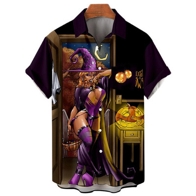 Boszorkány 3D nyomtatással készült hawaii ing Férfi túlméretezett alkalmi Harajuku stílusú hajtóka Halloween ing Férfi ruhák