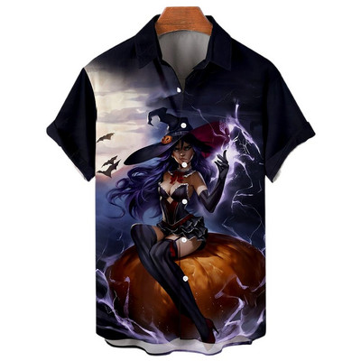 Boszorkány 3D nyomtatással készült hawaii ing Férfi túlméretezett alkalmi Harajuku stílusú hajtóka Halloween ing Férfi ruhák