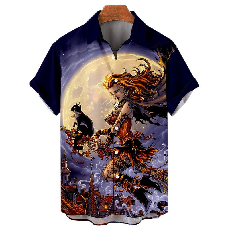 Boszorkány 3D nyomtatással készült hawaii ing Férfi túlméretezett alkalmi Harajuku stílusú hajtóka Halloween ing Férfi ruhák