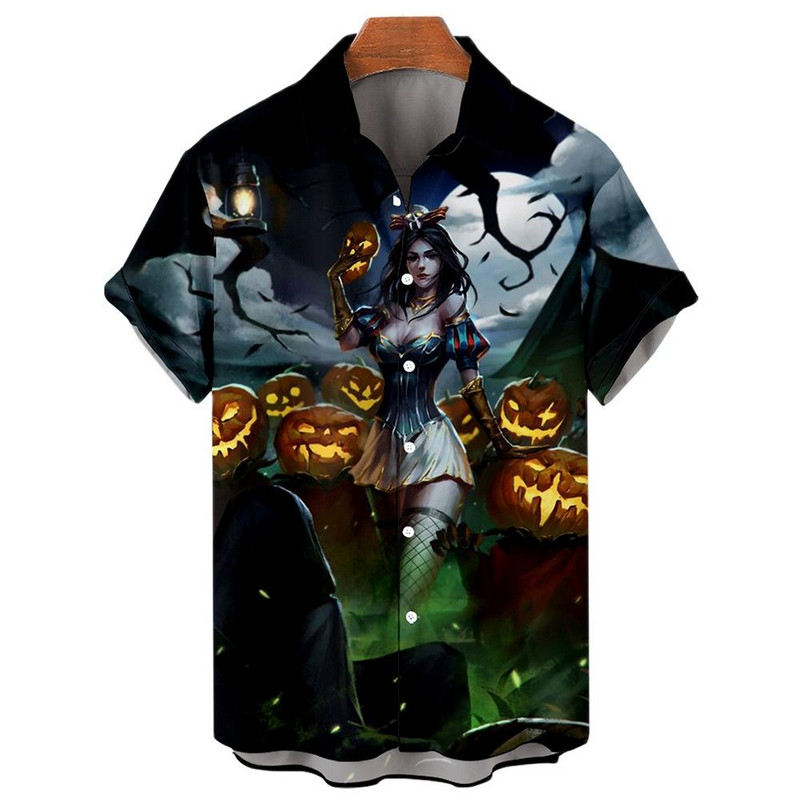 Boszorkány 3D nyomtatással készült hawaii ing Férfi túlméretezett alkalmi Harajuku stílusú hajtóka Halloween ing Férfi ruhák