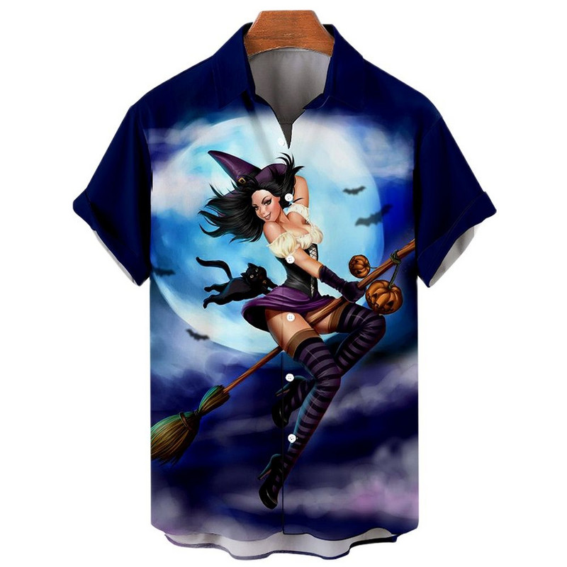 Boszorkány 3D nyomtatással készült hawaii ing Férfi túlméretezett alkalmi Harajuku stílusú hajtóka Halloween ing Férfi ruhák