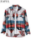 ZAFUL Férfi ing törzsi geometrikus nyomtatású keverék gyapjú etnikai kabát ingek férfiaknak alkalmi hosszú ujjú kabát őszi télre
