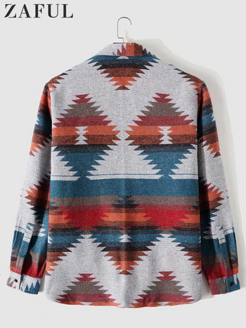 ZAFUL Ανδρικό πουκάμισο Tribal Geometric Print Blend Wool Ethnic Μπουφάν μπουφάν για άνδρες Casual μακρυμάνικο σακάκι για το φθινόπωρο το χειμώνα