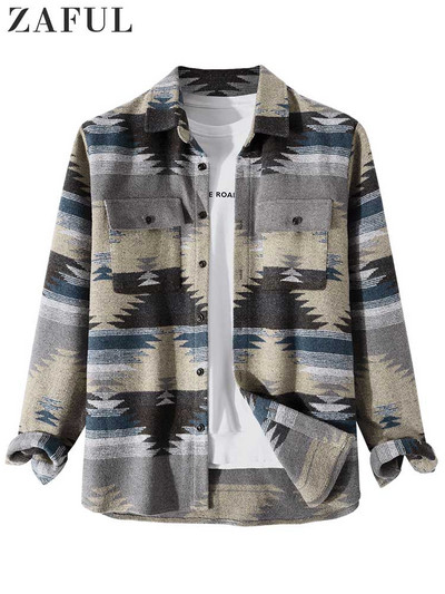 ZAFUL Férfi ing törzsi geometrikus nyomtatású keverék gyapjú etnikai kabát ingek férfiaknak alkalmi hosszú ujjú kabát őszi télre