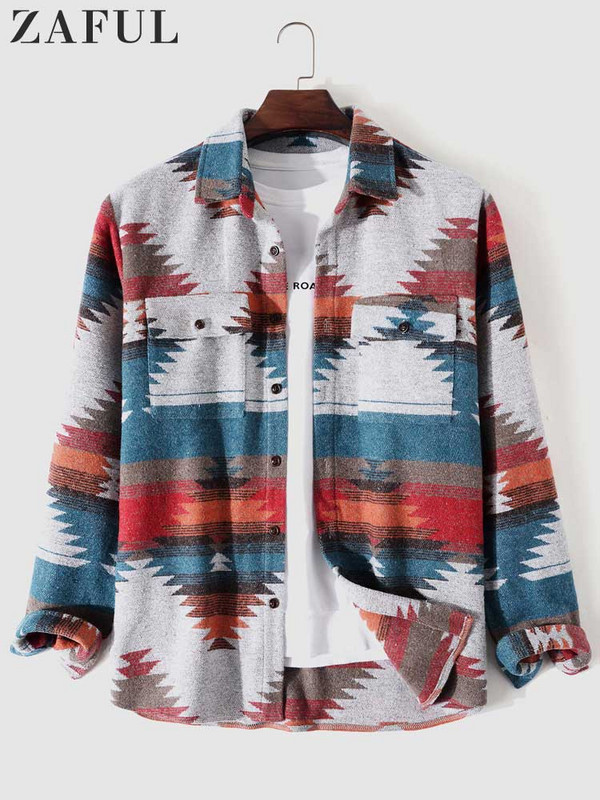 ZAFUL Férfi ing törzsi geometrikus nyomtatású keverék gyapjú etnikai kabát ingek férfiaknak alkalmi hosszú ujjú kabát őszi télre