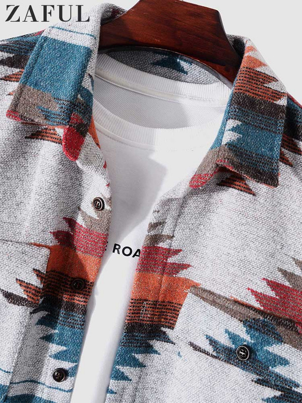 ZAFUL Férfi ing törzsi geometrikus nyomtatású keverék gyapjú etnikai kabát ingek férfiaknak alkalmi hosszú ujjú kabát őszi télre