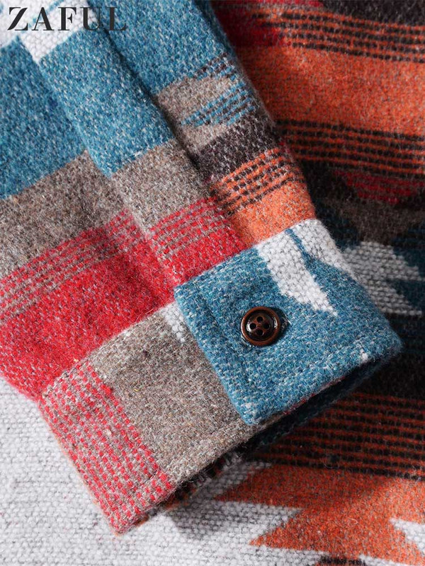 ZAFUL Férfi ing törzsi geometrikus nyomtatású keverék gyapjú etnikai kabát ingek férfiaknak alkalmi hosszú ujjú kabát őszi télre