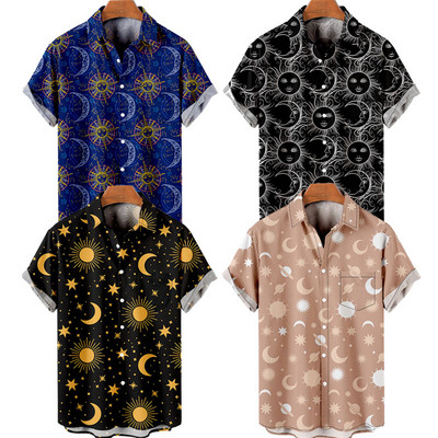 Tricou hawaian pentru bărbați Y2K Hombre Cămașă hawaiană la modă Sun Moon Imprimat 3D Confortabil casual cu mânecă scurtă Plajă supradimensionată