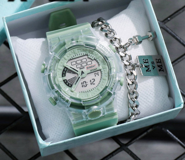 Šviesus vyriškas laikrodis su skaidriu apyranke