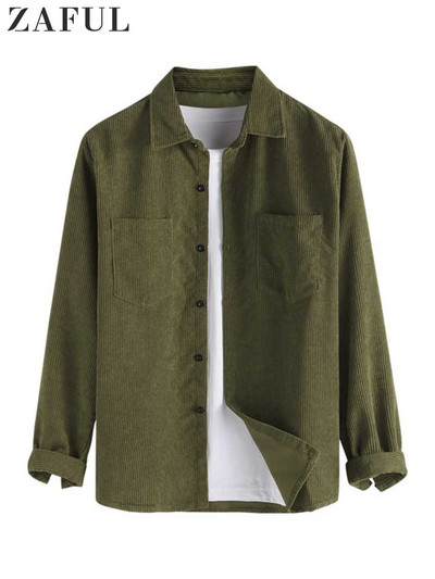 Cămăși pentru bărbați ZAFUL Cămașă cu mâneci lungi din velur cu buzunar, toamnă, iarnă, haină solidă, bluză de stradă vintage, bluze, stil unisex