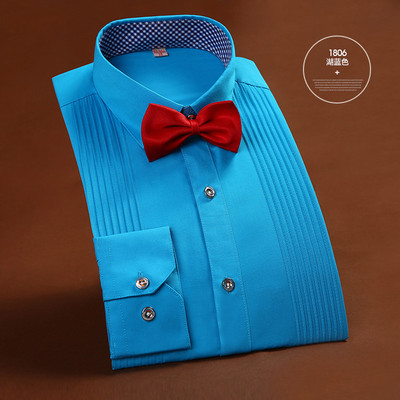 Nova plisirana prednja smoking košulja s dugim rukavima za vjenčanje i večeru za večeru Muške svečane košulje Markirana muška odjeća s leptir mašnom