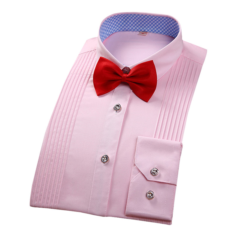 Nova plisirana prednja smoking košulja s dugim rukavima za vjenčanje i večeru za večeru Muške svečane košulje Markirana muška odjeća s leptir mašnom