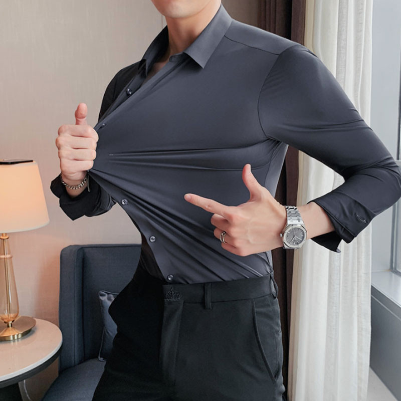 Új őszi-téli ránctalanító varrás nélküli pamut sztreccs bambuszszálas férfi ing hosszú ujjú egyszínű üzleti ing