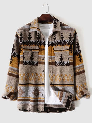 ZAFUL Ανδρικά πουκάμισα Tribal Geometric Pattern Blend Wool μακρυμάνικο Ζεστό πουκάμισο παλτό Vintage Σακέτα ρούχων Φθινοπωρινή χειμερινή μπλούζα