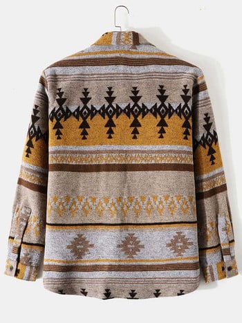 ZAFUL Ανδρικά πουκάμισα Tribal Geometric Pattern Blend Wool μακρυμάνικο Ζεστό πουκάμισο παλτό Vintage Σακέτα ρούχων Φθινοπωρινή χειμερινή μπλούζα