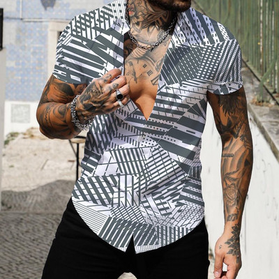 Vasariniai Geometric Print marškinėliai vyrams Palaidinės Camisas De Hombre Chemise Homme De Luxe Ropa Hombre Roupas Masculinas Vyriški drabužiai